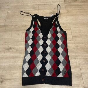 Ben Sherman Argyle Sleeveless Sweater Top Tank Button Up Small Punk Oi! Sham 69